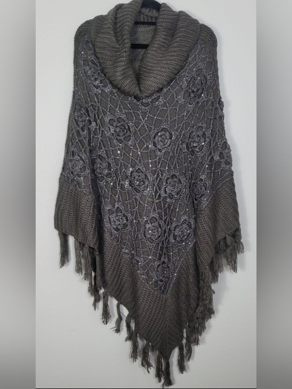 Vintage Crochet Knit Poncho Sweater Gray Cowl Neck OS